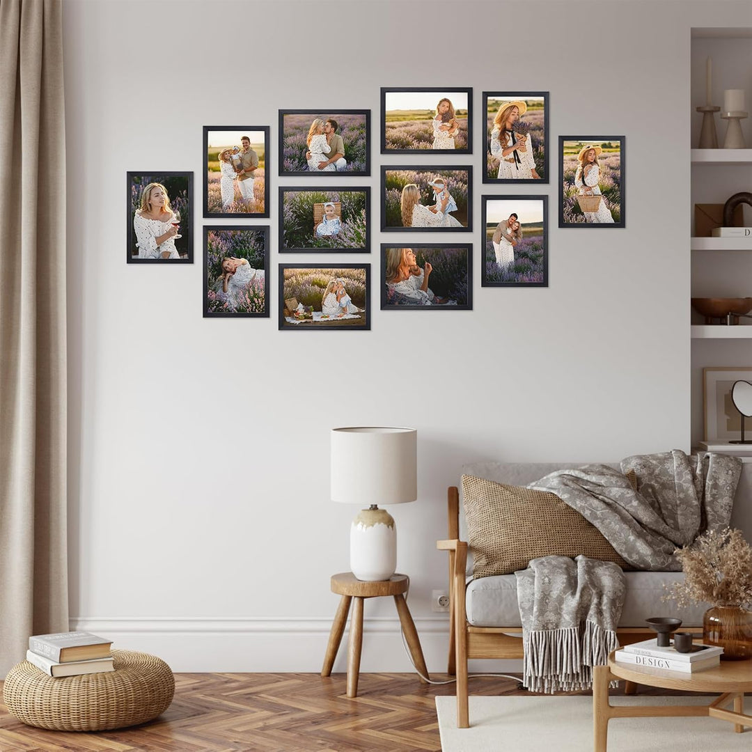 EXYGLO 12er Bilderrahmen A4 Set - Rahmen din A4 für 21x29,7 cm Fotos und Bilder, Schwarze Fotorahmen