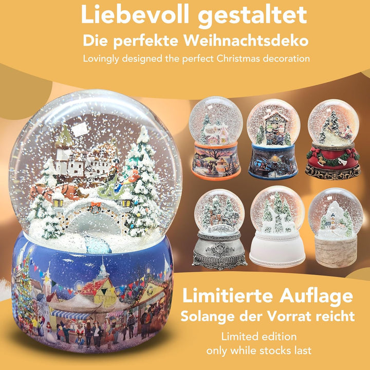 Schneekugel Weihnachten Spieluhr | Nostalgie Pferdekutsche über Brücke | Sockel Winterlandschaft | M