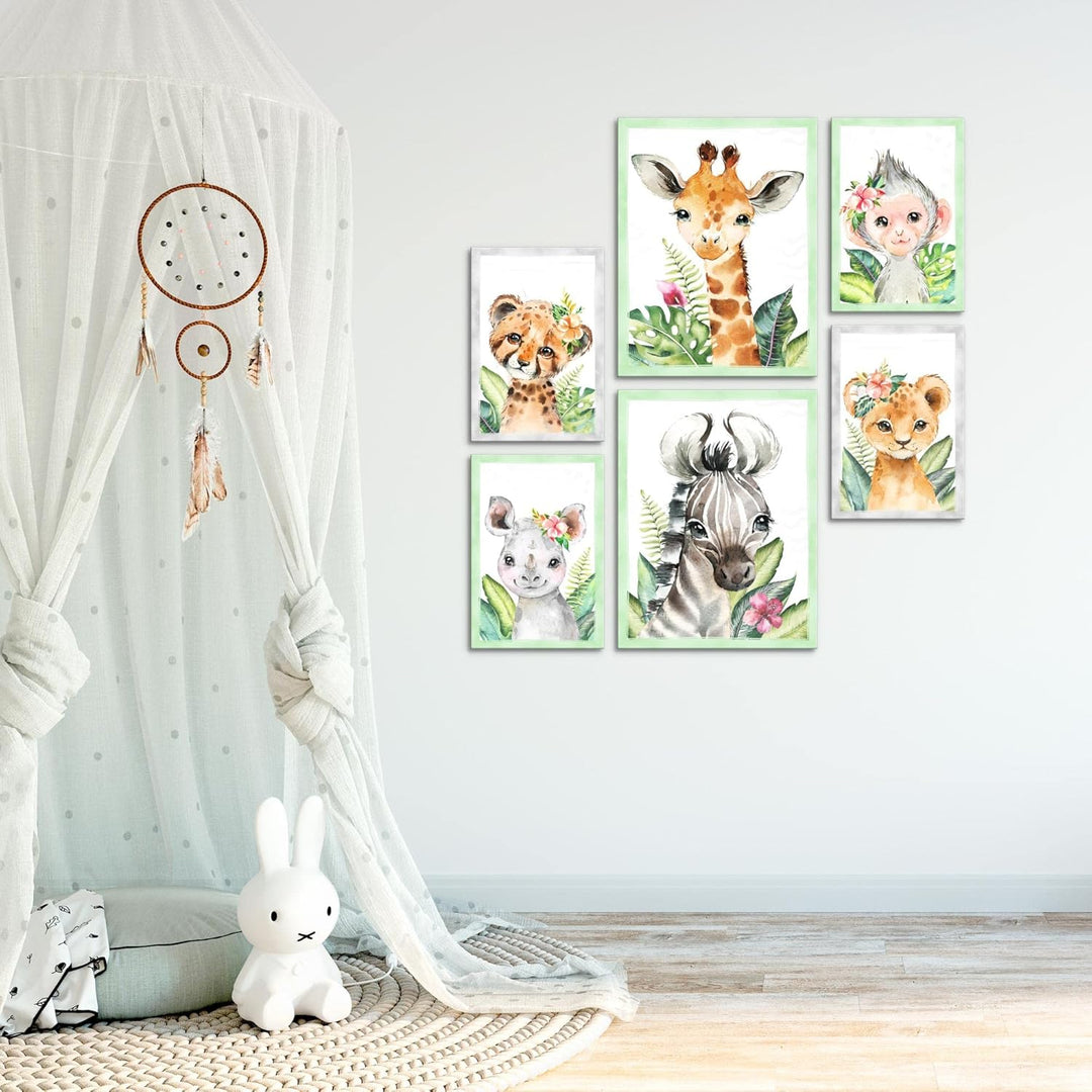 Novart Wandbilder Set Tiere Afrika Grün - KEIN EXTRA RAHMEN BENÖTIGT - Modern Deko - Kinderzimmer Mä