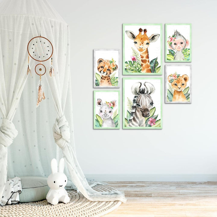 Novart Wandbilder Set Tiere Afrika Grün - KEIN EXTRA RAHMEN BENÖTIGT - Modern Deko - Kinderzimmer Mä