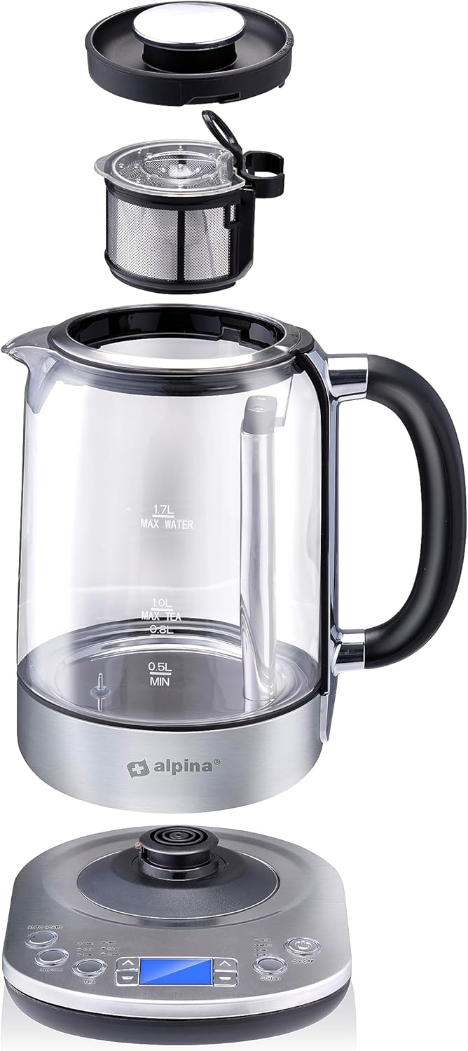 alpina Wasserkocher mit Teekorb – 1,7 l – 2200 W – Elektrischer Wasserkocher – Teekocher – Temperatu