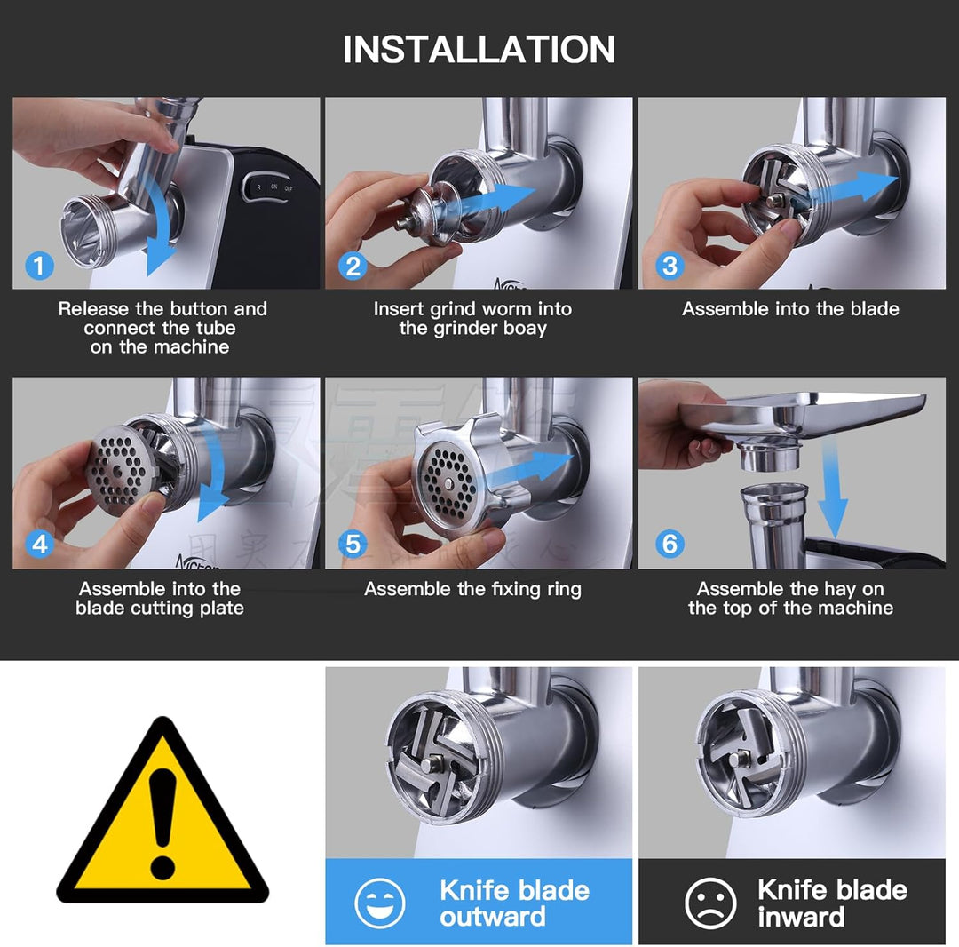 Meykey Fleischwolf Elektrisch 5 in 1 Multi Küchenmaschine mit 4 Klingen und 3 Edelstahl schneidplatt