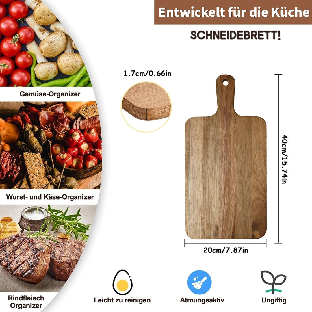5er Set Akazienholz Schneidebrett mit Griff 40x20 cm – Massives Holzbrett Küche als Servierbrett, Fl