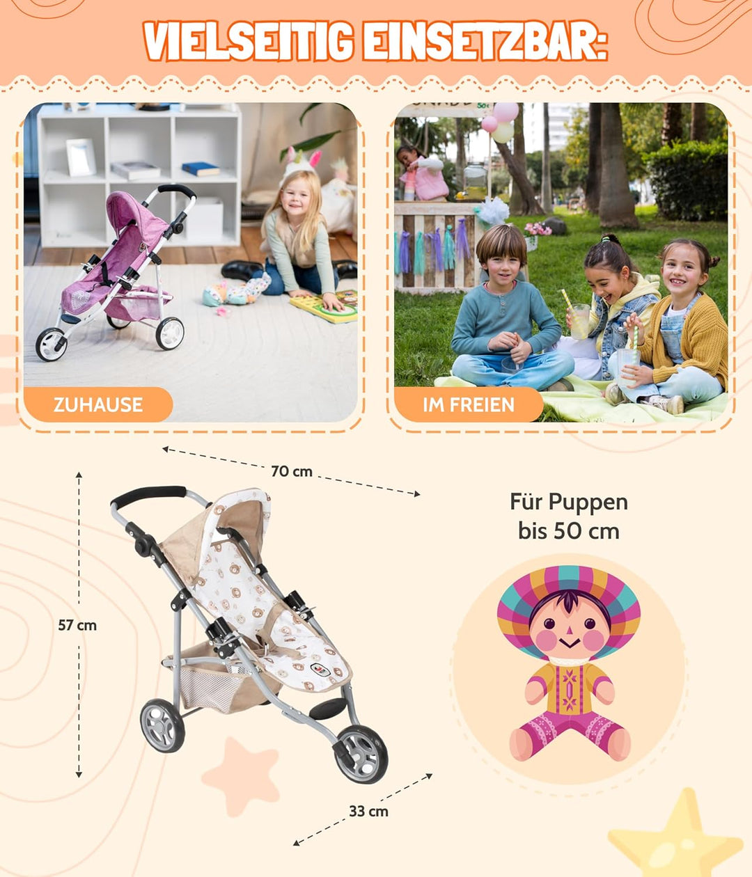 Bayer Chic 2000 - Puppenbuggy Lola, Kinderwagen für Puppen bis ca. 50 cm Grösse, Jogging-Buggy, Pupp