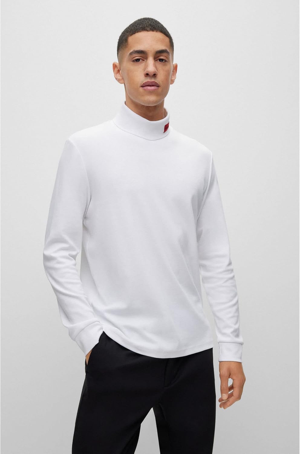 HUGO Herren Derollo224 Slim-Fit Longsleeve mit rotem Logo-Label L White100, L White100