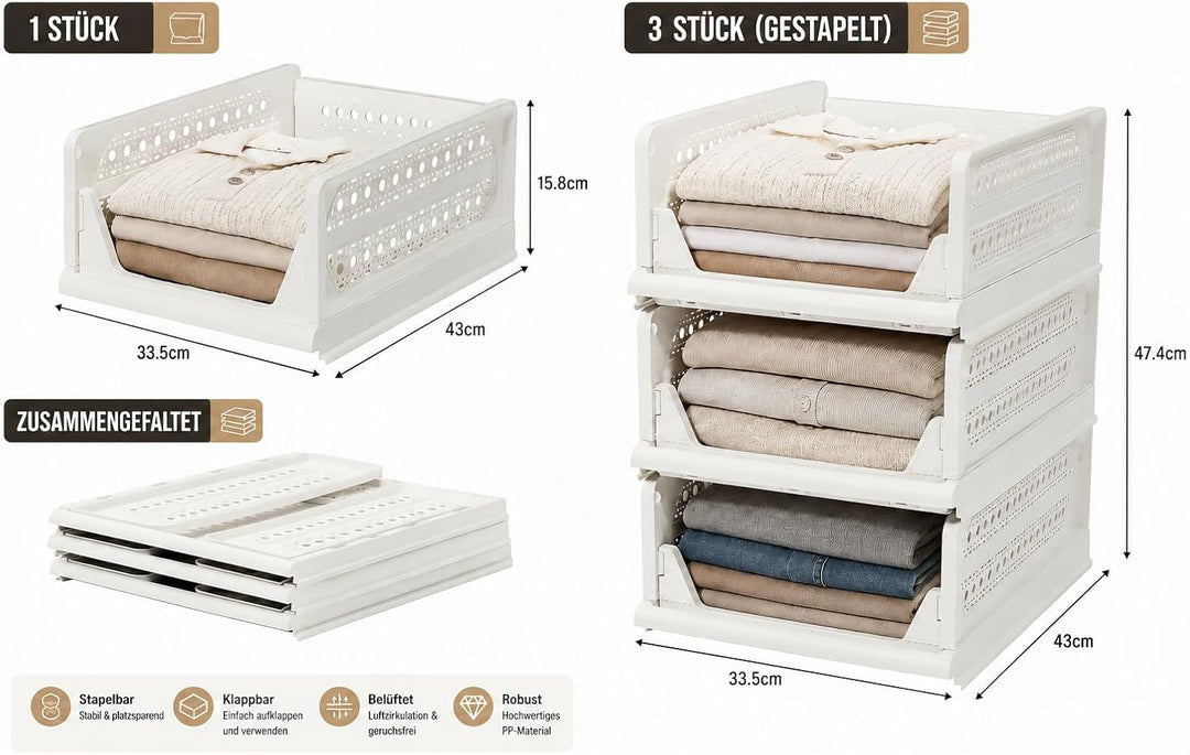 RMAN Kleiderschrank Organizer 3er Set Stapelbare Aufbewahrungsboxen Kunststoff Faltbares Schubladen
