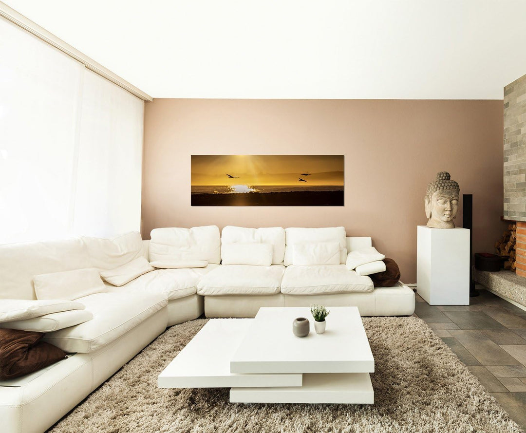 Paul Sinus Art Panoramabild auf Leinwand und Keilrahmen 150x50cm Neuseeland Meer Strand Möwen Sonnen
