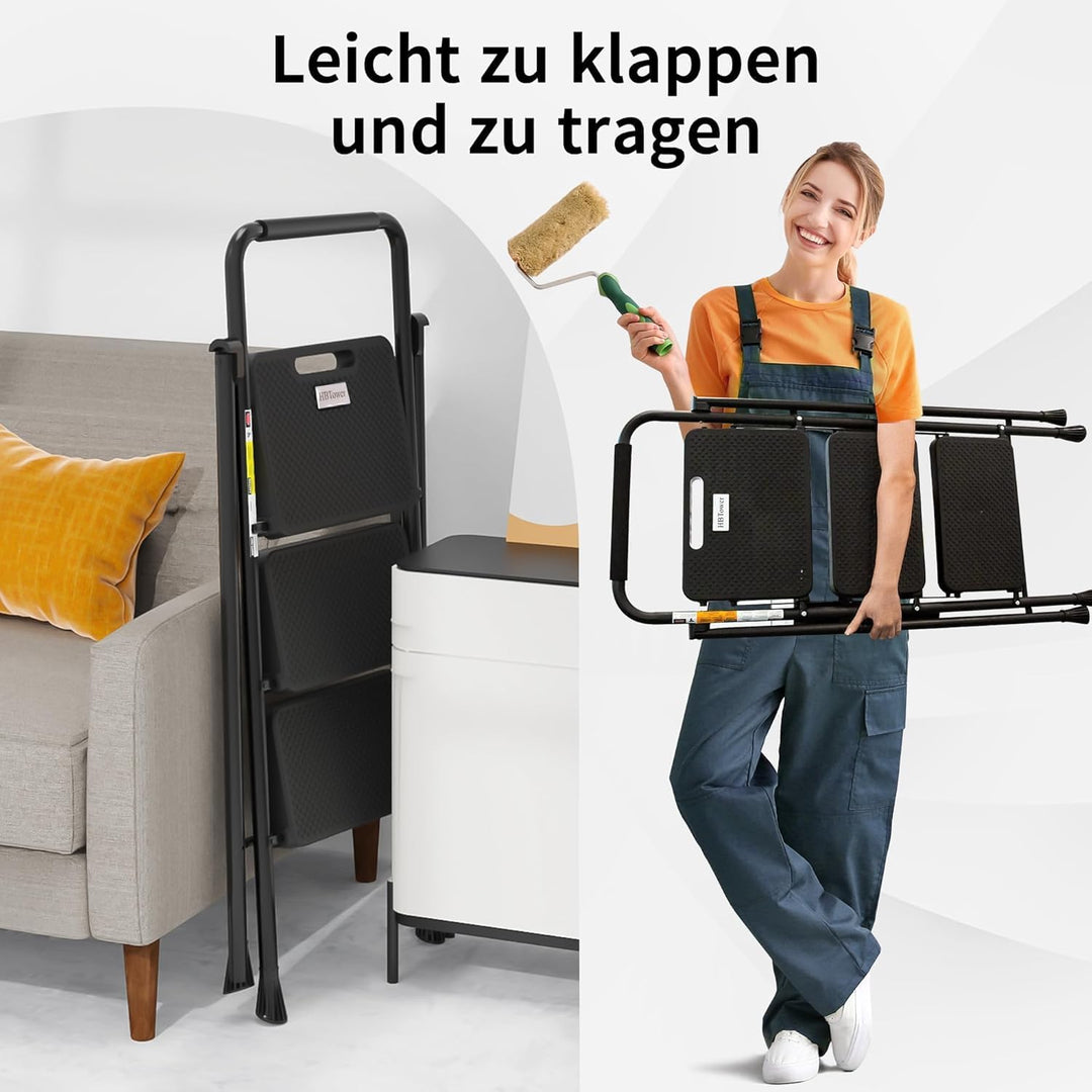 HBTower Trittleiter 3 Stufen klappbar, Leiter mit Breitem Anti-Rutsch-Pedal, Trittleiter mit Bequeme