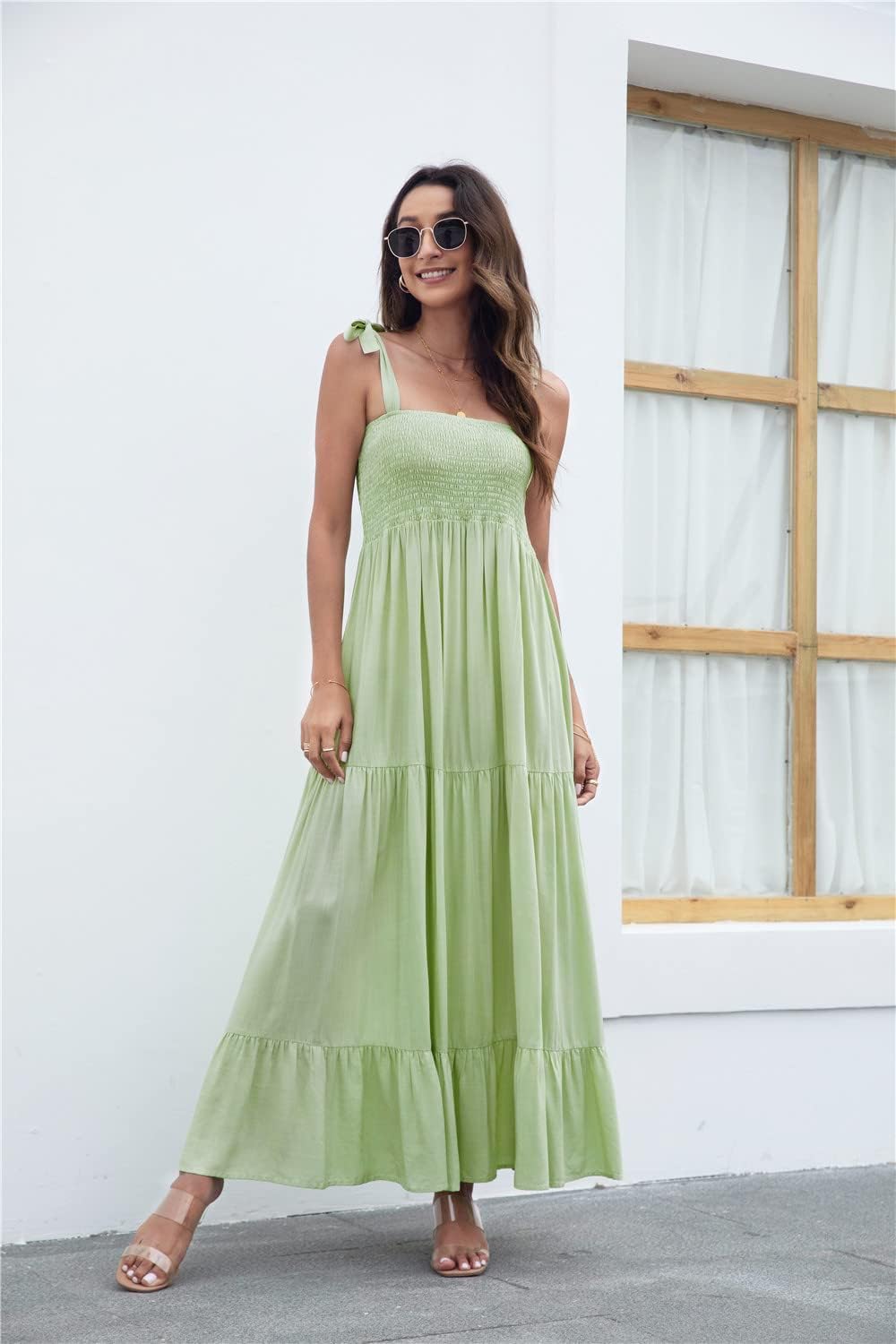 Kinstel Damen Sommer Boho Spaghetti Strap Square Neck Rüschen Casual Flowy Langes Kleid Strand Swing