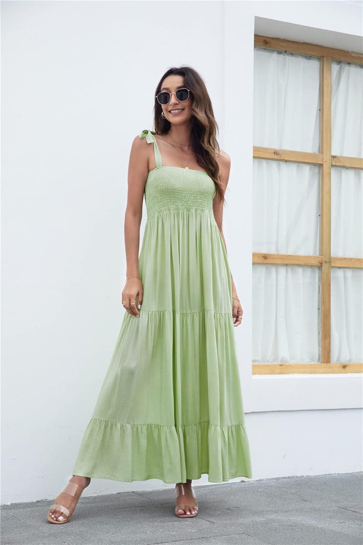 Kinstel Damen Sommer Boho Spaghetti Strap Square Neck Rüschen Casual Flowy Langes Kleid Strand Swing