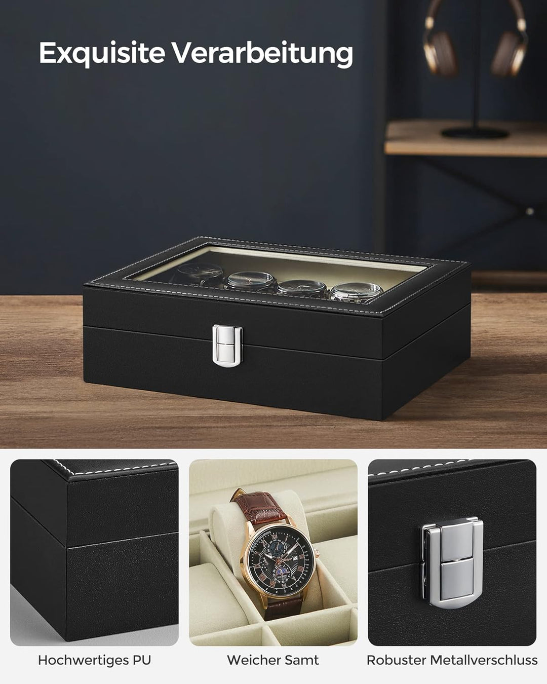 SONGMICS Uhrenbox mit 10 Fächern, Uhrenkasten, Glasdeckel, Uhrenkoffer, herausnehmbare Uhrenkissen,