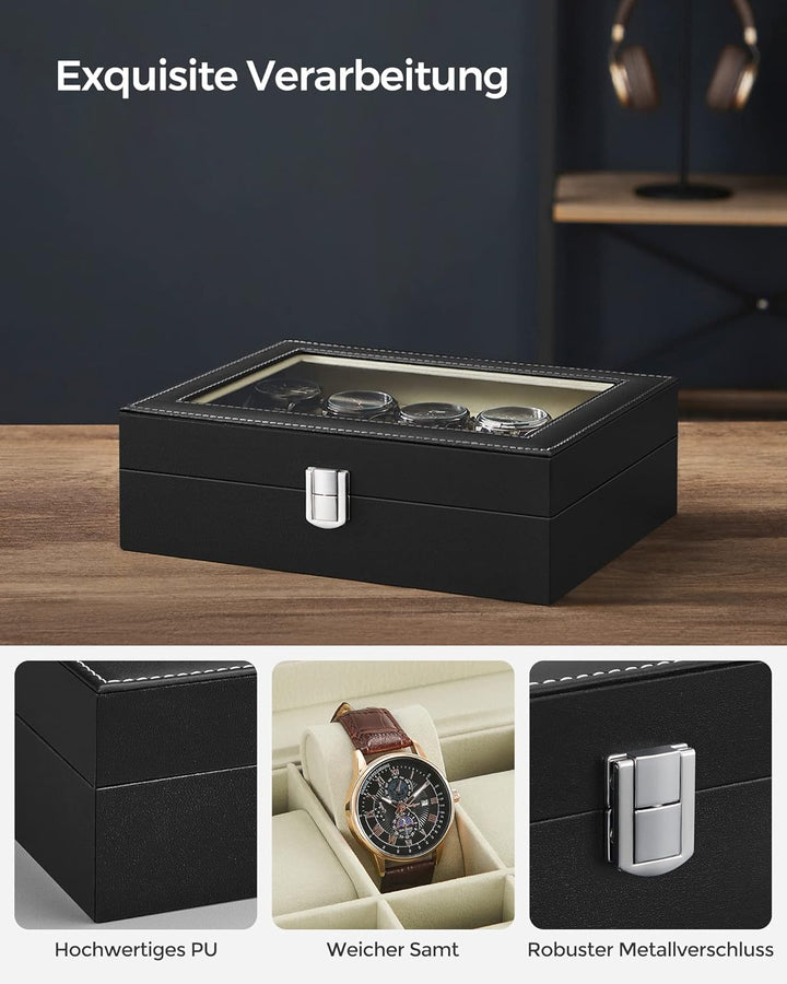 SONGMICS Uhrenbox mit 10 Fächern, Uhrenkasten, Glasdeckel, Uhrenkoffer, herausnehmbare Uhrenkissen,
