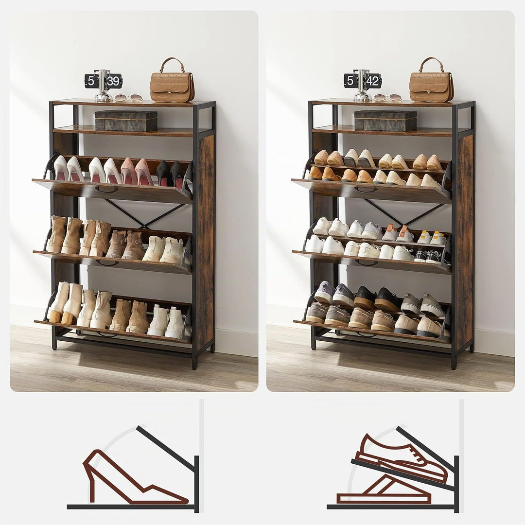 VASAGLE Schuhschrank mit 3 Klappen, Schuhregal, Schuhkipper, Schuhkommode mit 3 Fächern, Schuhablage