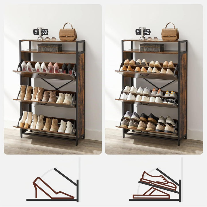 VASAGLE Schuhschrank mit 3 Klappen, Schuhregal, Schuhkipper, Schuhkommode mit 3 Fächern, Schuhablage