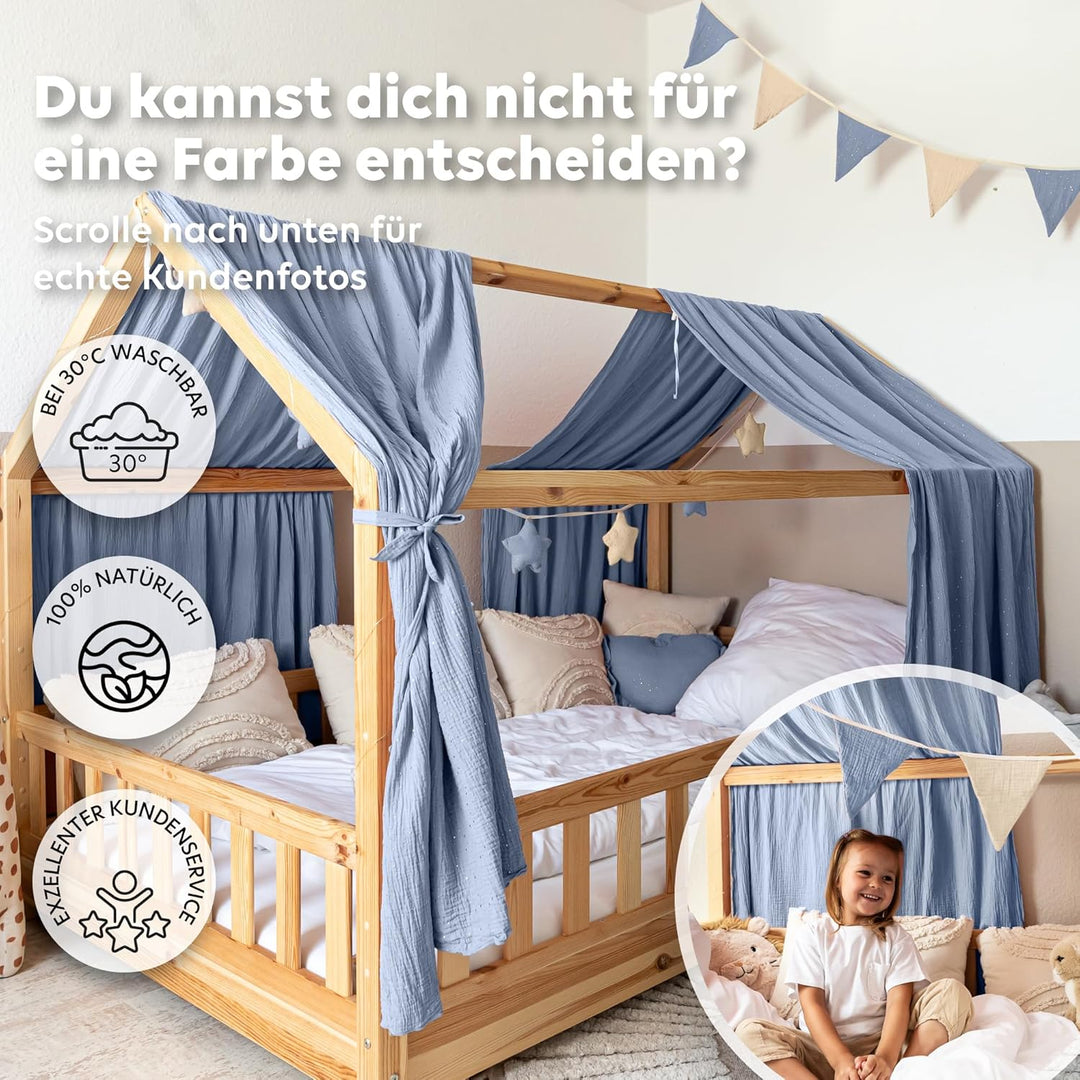 Hausbett Himmel mit Gold Applikation [in 12 Farben] Betthimmel Hausbett aus 100% Baumwolle Musselin