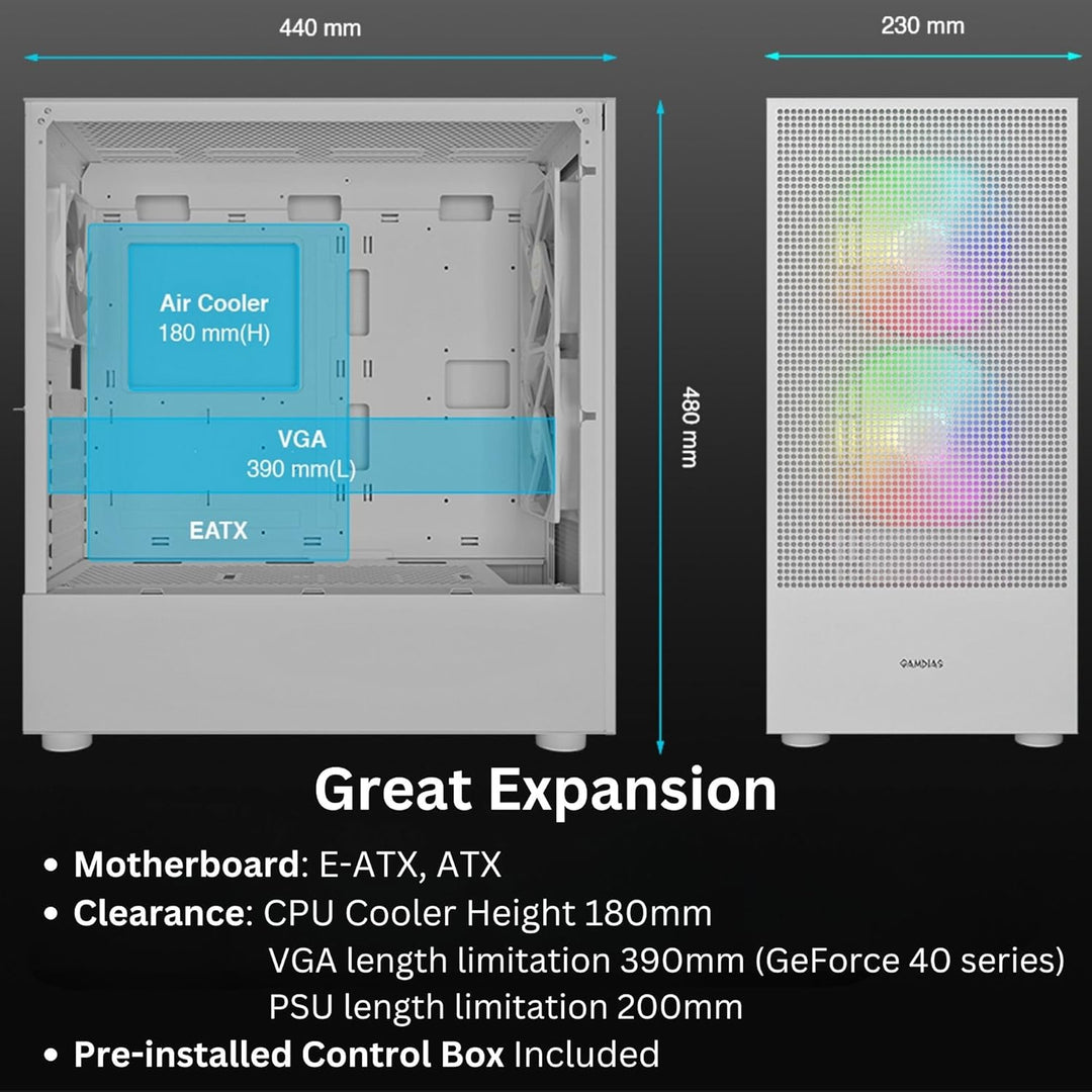 GAMDIAS TALOS PC-Gehäuse, EATX Gaming Mid Tower, vorinstallierter 3 PWM ARGB Lüfter, gehärtetes Glas