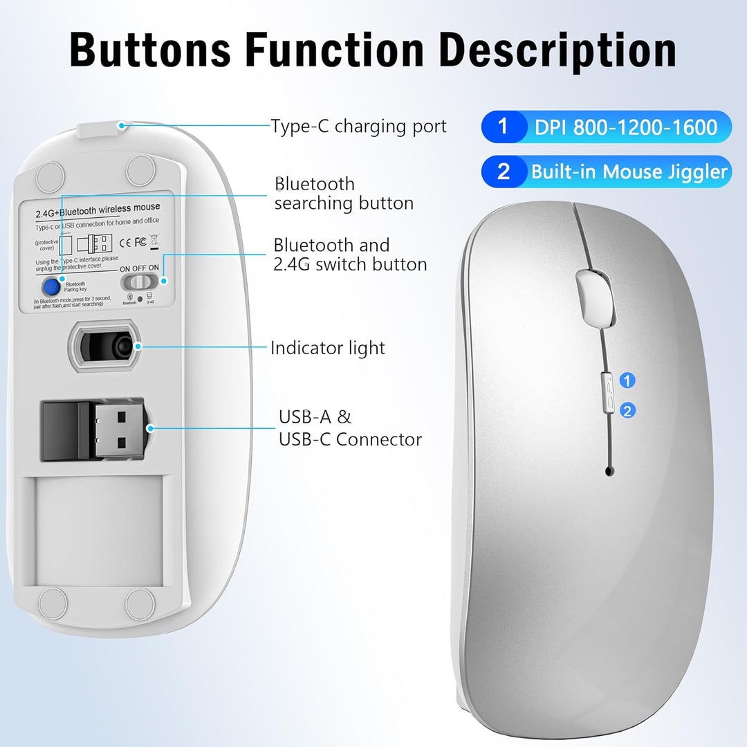 Mouse Wireless Bluetooth 5.2/3.0 e ricevitore USB-A/tipo C 2 in 1, Mouse silenzioso Con modalità jig