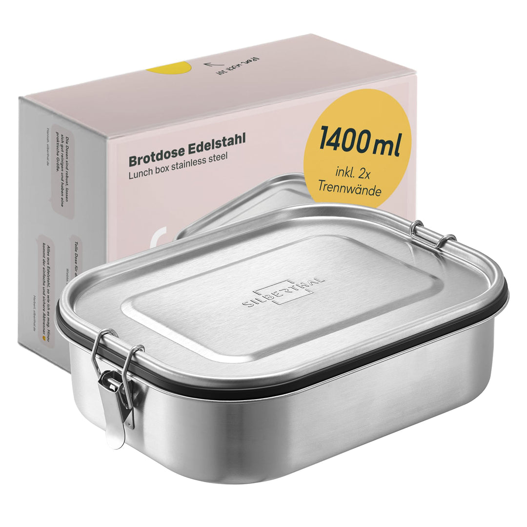SILBERTHAL Brotdose Edelstahl mit Fächern – Grosse Lunchbox 1400ml für Erwachsene – Auslaufsicher –