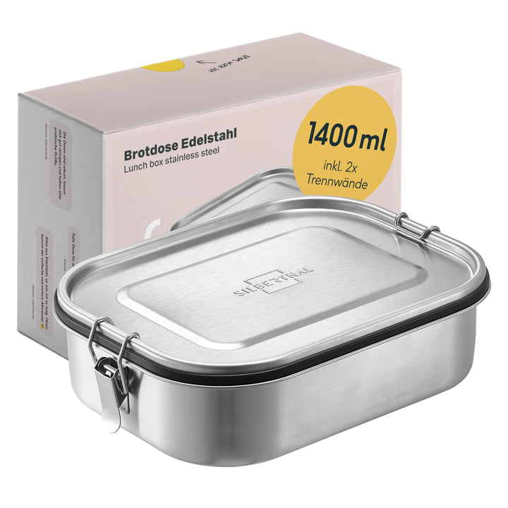 SILBERTHAL Brotdose Edelstahl mit Fächern – Grosse Lunchbox 1400ml für Erwachsene – Auslaufsicher –