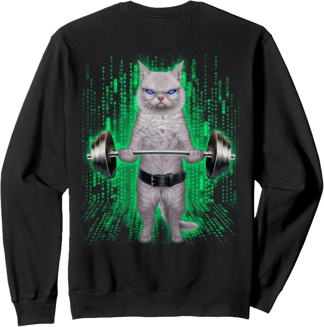 Weisse Katze, die Gewichte im Cyber-Fitnessstudio hebt Sweatshirt