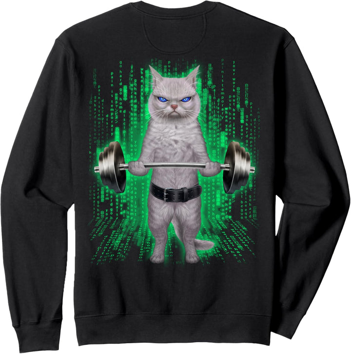 Weisse Katze, die Gewichte im Cyber-Fitnessstudio hebt Sweatshirt