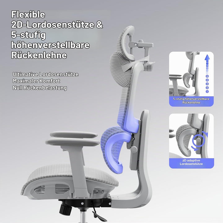 Ergonomischer Bürostuhl Schreibtischstuhl, Netzstoff Drehstuhl mit 2D-Lendenwirbelstütze &amp; 3D-Kopfst