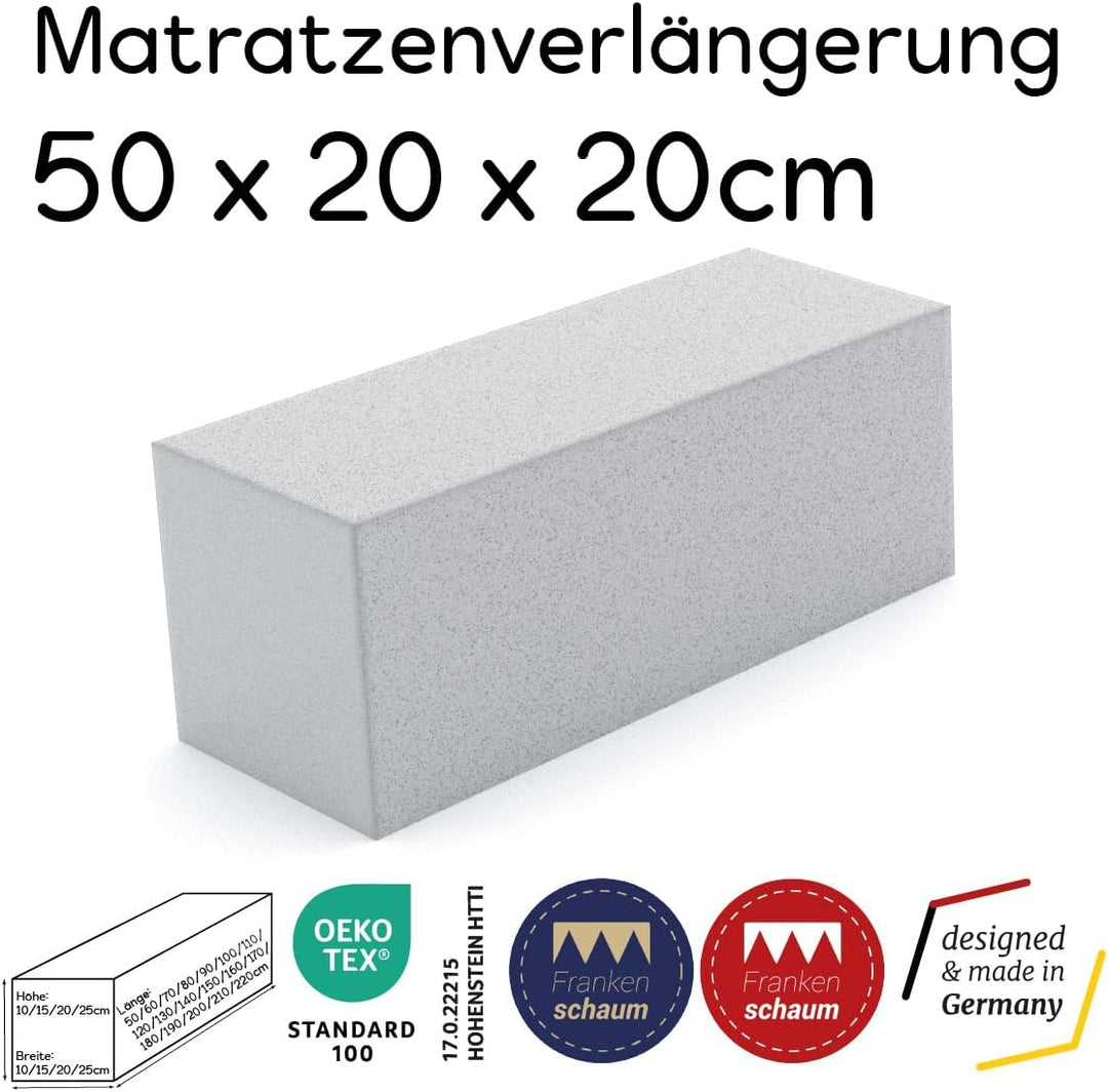 Frankenschaum Premium Matratzenverlängerung - 160×20×20cm – extra passender Schaumstoff Zuschnitt fü