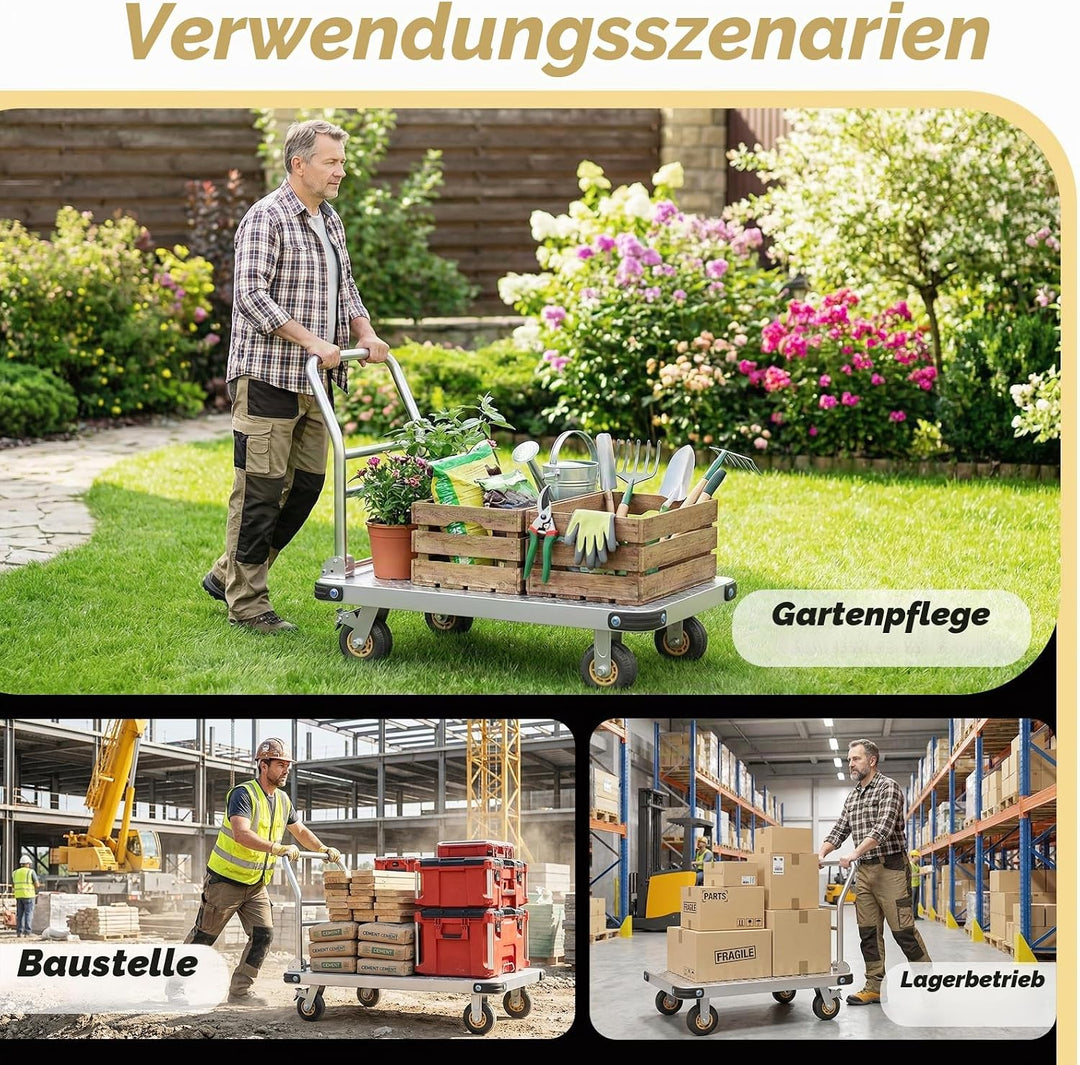 Transportwagen Klappbar 680 kg Tragfähigkeit, 78x48x91 cm Plattformwagen mit 10 cm Bremsrädern, Roll