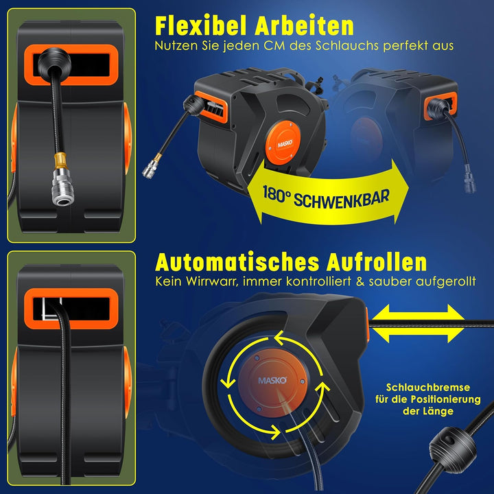 MASKO® Automatik Druckluftschlauch Aufroller 20m – Schlauchtrommel mit 1/4" Anschluss, Schlauchaufro