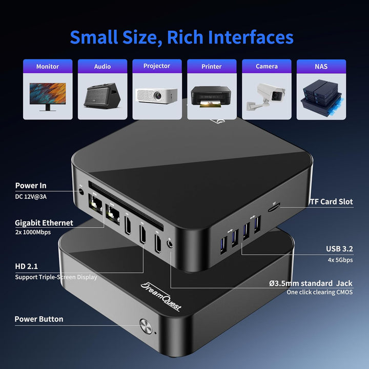 DreamQuest Mini PC Windows 11 Pro Intel N95 12GB LPDDR5 256GB M.2 SSD Micro Desktop Computer mit HDM