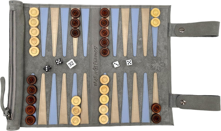 MELIA Outlet Leder Backgammon Set zum Rollen – Reise Backgammon aus Echtleder mit Holz-Spielsteinen