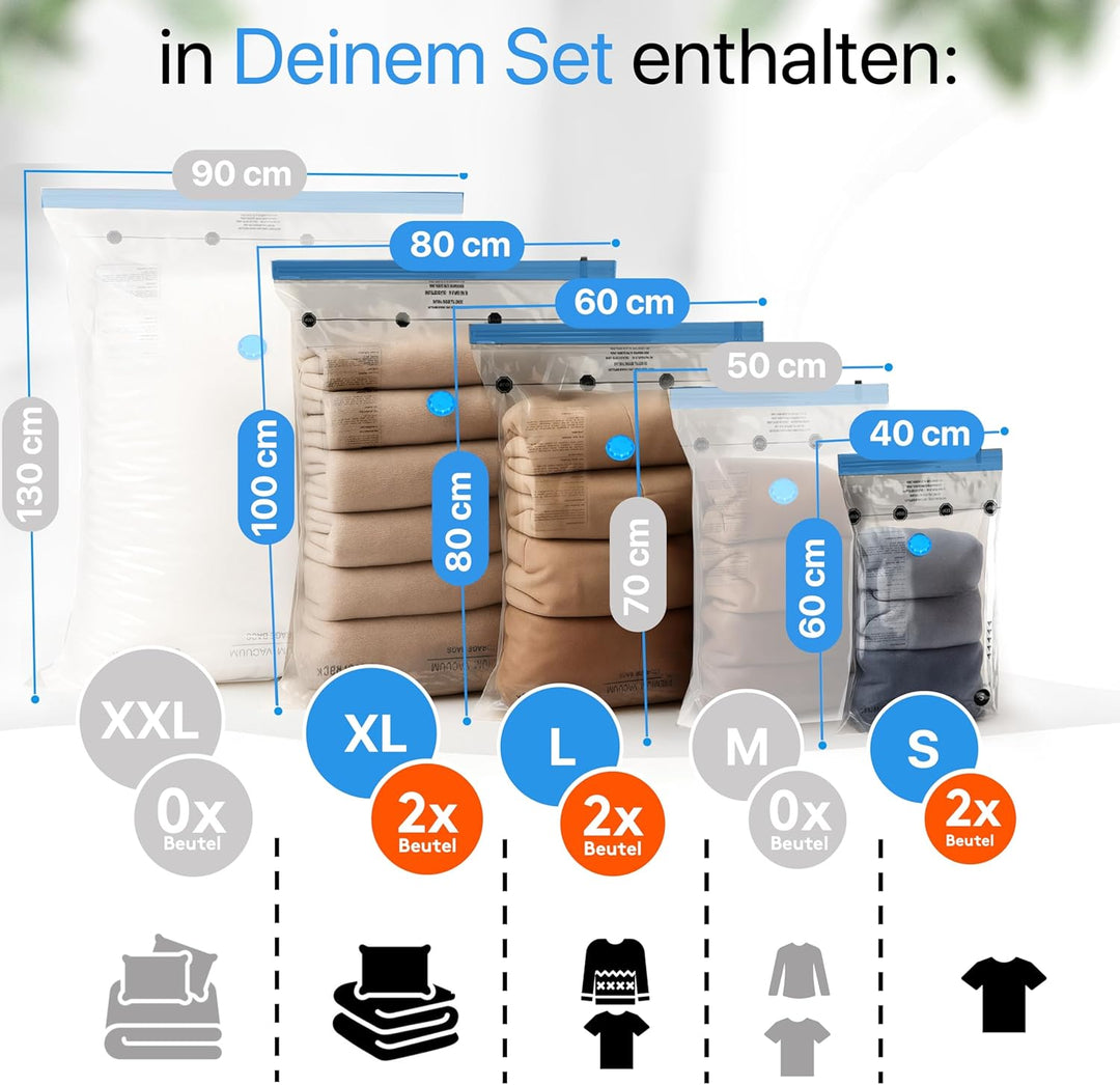 Vakuumbeutel für Kleidung u. Bettdecken [6 Stück] in (2x 40x60 cm / 2x 60x80 cm / 2x 80x100 cm) INKL