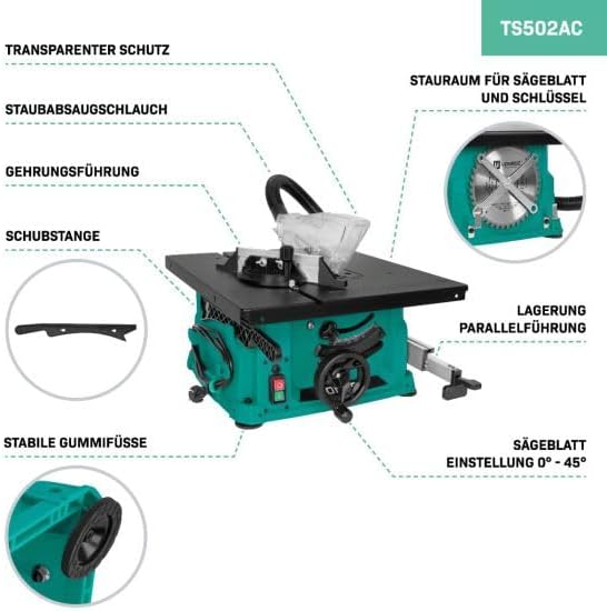 VONROC Tischsäge – kompakt und tragbar – 1500W – 5000 U/min – Ø210mm – Inklusive 40T-Sägeblatt