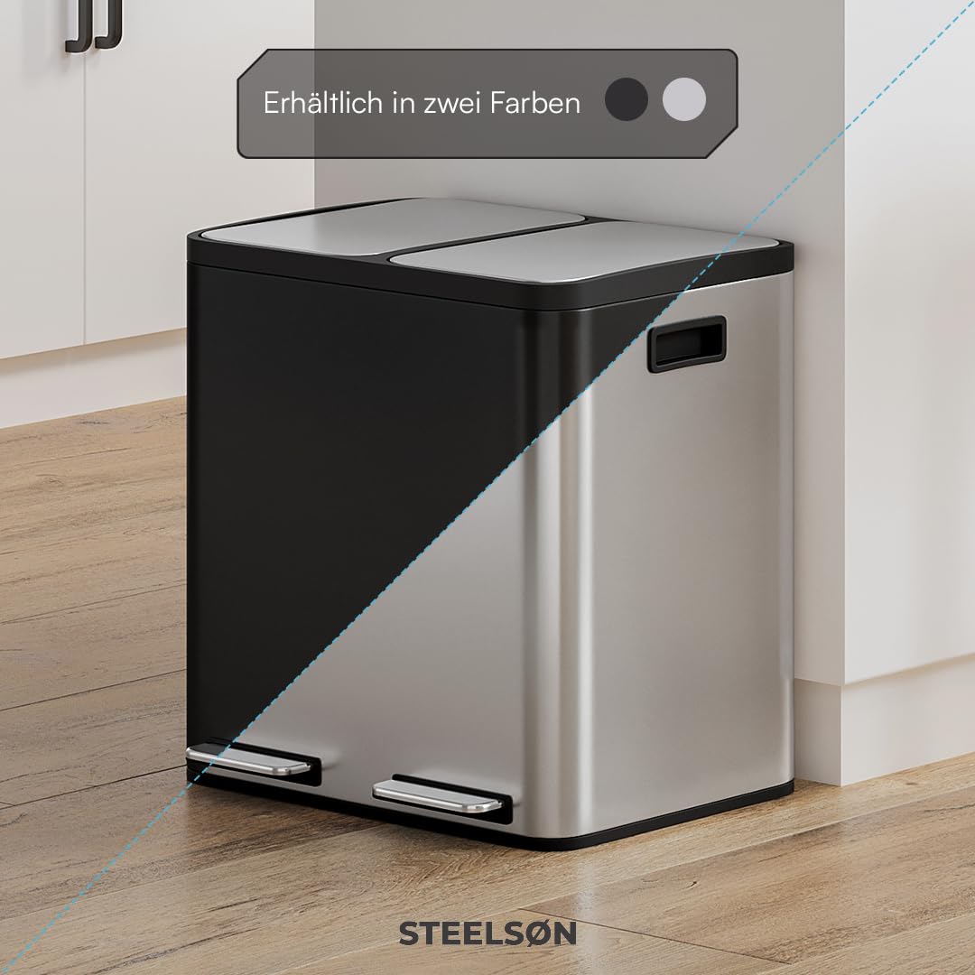 STEELSØN Epsilon Mülleimer 2 Fächer – Mülltrennsystem Küche 2x15L aus Edelstahl Silber – Tretmülleim