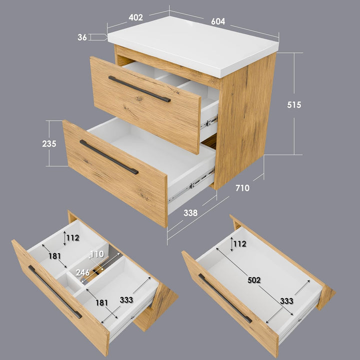paplinskimoebel GIRONA Waschbeckenunterschrank hängend 60 cm breit, Universal Badschrank mit 2 Schub