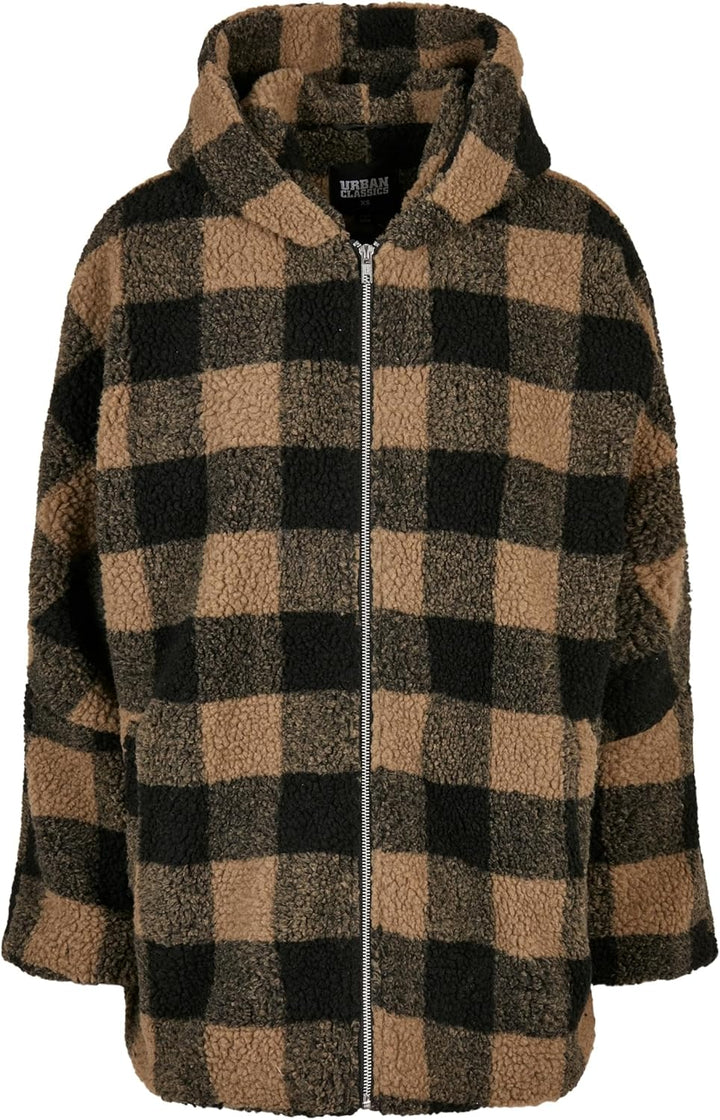Urban Classics Damen Winter Jacke Ladies Oversized Check Sherpa Jacket mit Kapuze, Holzfäller Karo M
