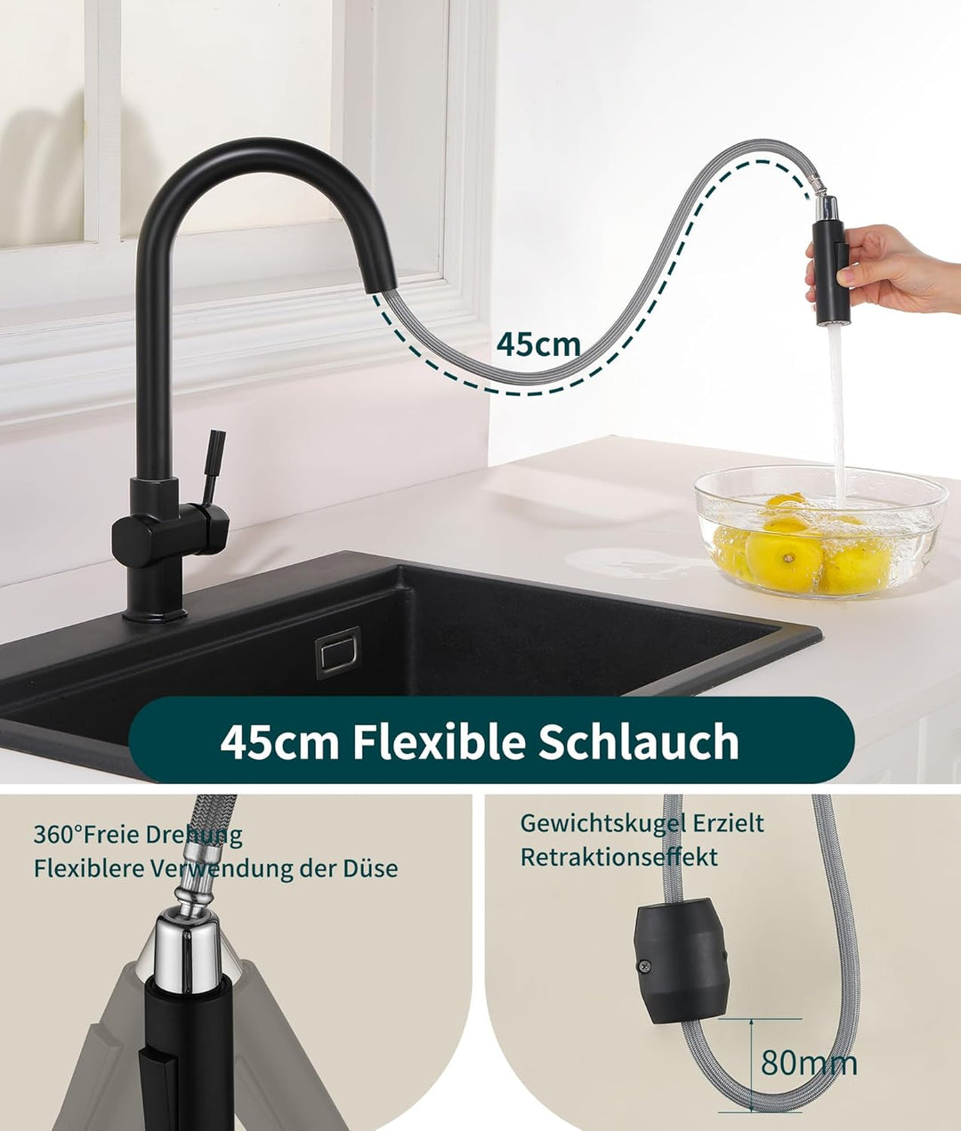 Wasserhahn Küche Schwarz,Hochdruck Küchenarmatur mit Ausziehbar Brause,Armatur Küche 360° Drehbar,Sp