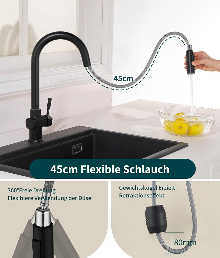 Wasserhahn Küche Schwarz,Hochdruck Küchenarmatur mit Ausziehbar Brause,Armatur Küche 360° Drehbar,Sp