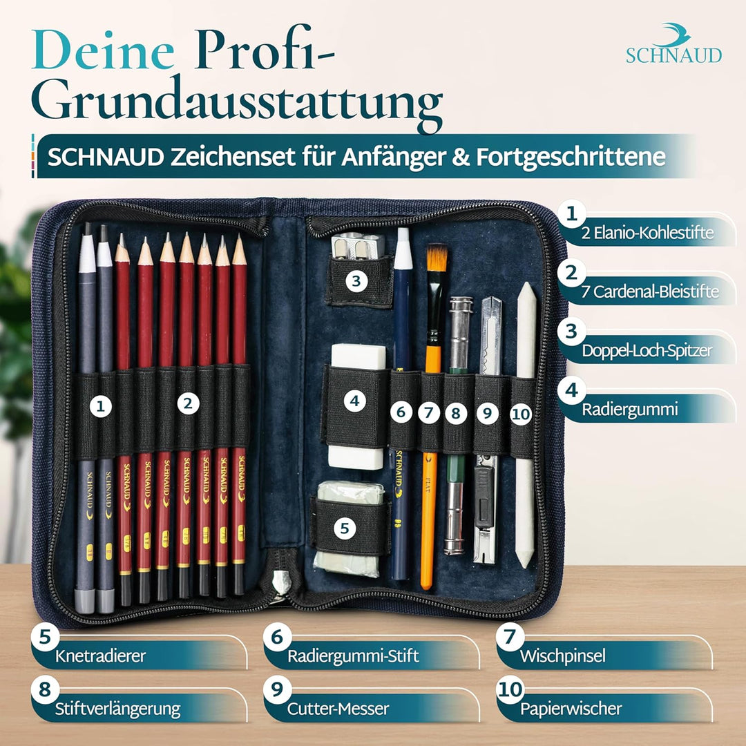 SCHNAUD Zeichenset für Anfänger mit Online-Kurs – 7 Bleistifte, 2 Kohlestifte und Zeichnen Zubehör,