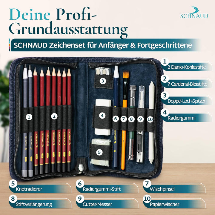 SCHNAUD Zeichenset für Anfänger mit Online-Kurs – 7 Bleistifte, 2 Kohlestifte und Zeichnen Zubehör,