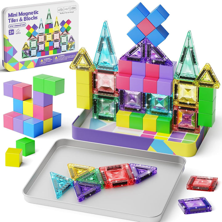 burgkidz Magnetbausteine und Magnetfliesen Reise-Set 48 Teile, 3-in-1-3,75 cm Magnetfliesen & 1,875