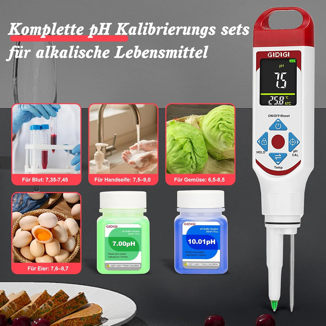 pH Messgerät für Lebensmittel zur Fermentation mit pH-Kalibrierungskits, Farbdisplay, Speerspitze, p