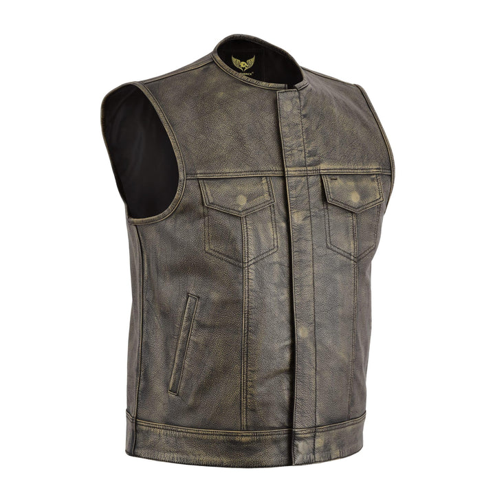 Leatherick Herren Vintage Braun Biker Leder Weste kragenlosen Stil ausgezeichneten Look (XL- EUR58)