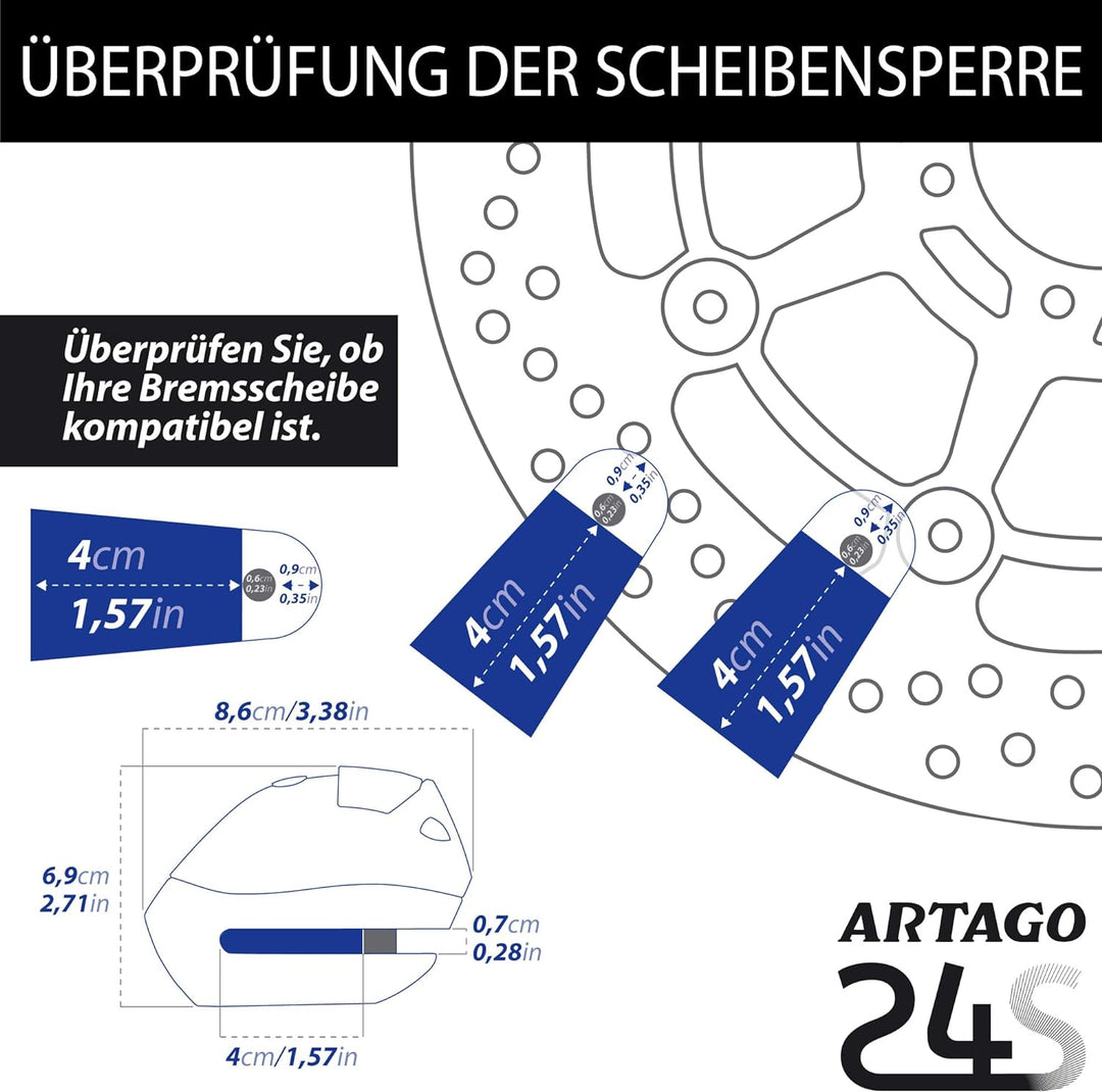 Artago 24S.6M Motorrad Bremsscheibenschloss mit Alarm 120 dB Warnung Smart, ø 6 mm