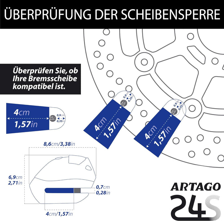 Artago 24S.6M Motorrad Bremsscheibenschloss mit Alarm 120 dB Warnung Smart, ø 6 mm