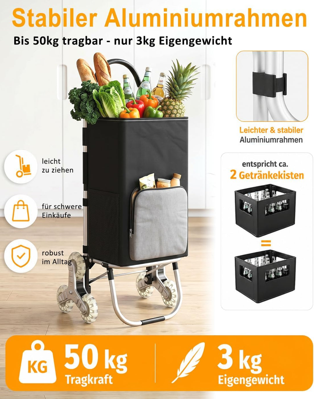 DROMEZ Einkaufstrolley Treppensteiger, 50L Einkaufswagen Trolley Gross mit Kühlfach, Hackenporsche K