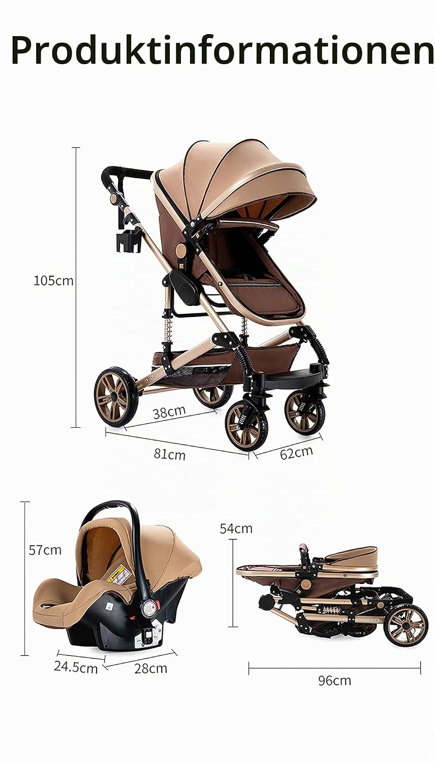 MoLi Kinderwagen 3 in 1, Kinderwagen Set Umkehrbarem Doppelschiebemodus, Kombikinderwagen 3 in 1 Gro