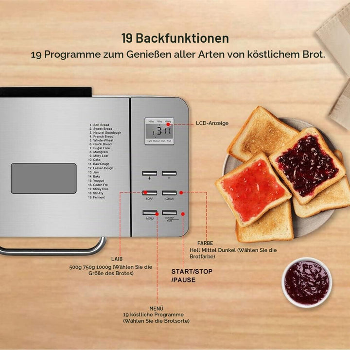 Brotbackautomaten 19 IN 1, Edelstahl Brotbackautomaten mit Digital Touch Panel, 650W Brotbackmaschin
