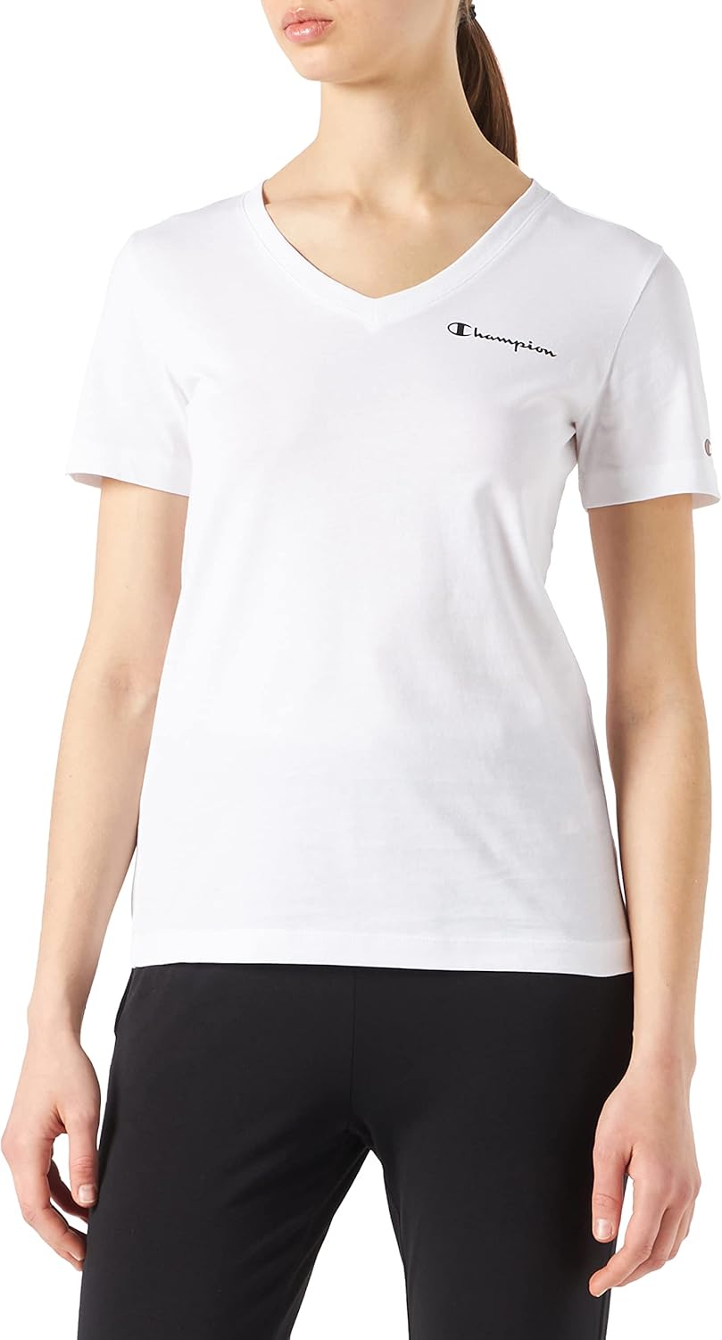 Champion Damen American Classics-Small Logo S/S V-Neck T-Shirt L Weiss, L Weiss