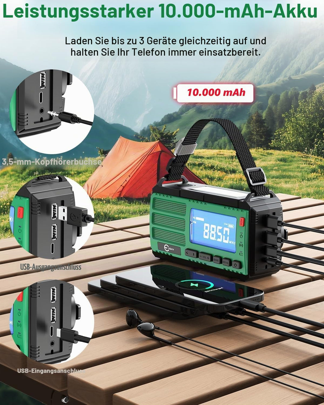 Esky Kurbelradio, AM/FM/NOAA 7 in 1 Notfallradio mit 10000mAh Akku Wiederaufladbare 3 Lademodi Tragb